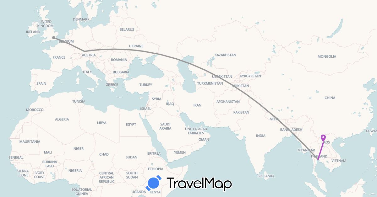 TravelMap itinerary: driving, plane, train in Germany, United Kingdom, Laos, Thailand (Asia, Europe)