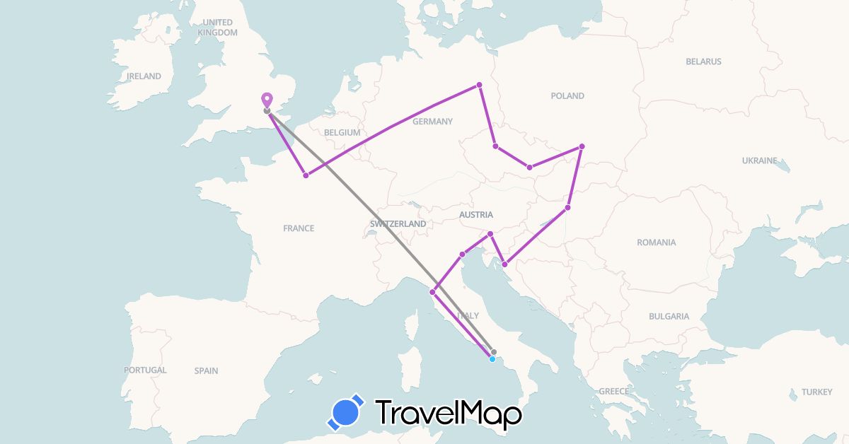 TravelMap itinerary: driving, plane, train, boat in Czech Republic, Germany, France, United Kingdom, Croatia, Hungary, Italy, Poland, Slovenia (Europe)